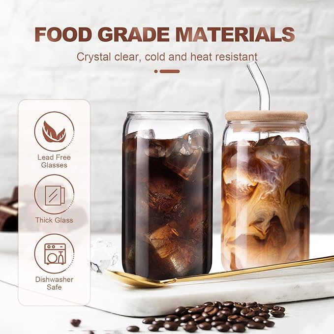 DWTS DANWEITESI Iced Coffee Cups with Lids 2 pcs,16 oz Glass Cups with Lids and Straws as Coffee Bar Accessories,Beer Drinking Glasses,Reusable Glass Tumbler,Cute Coffee Cups for Coffee, Juice, Gifts