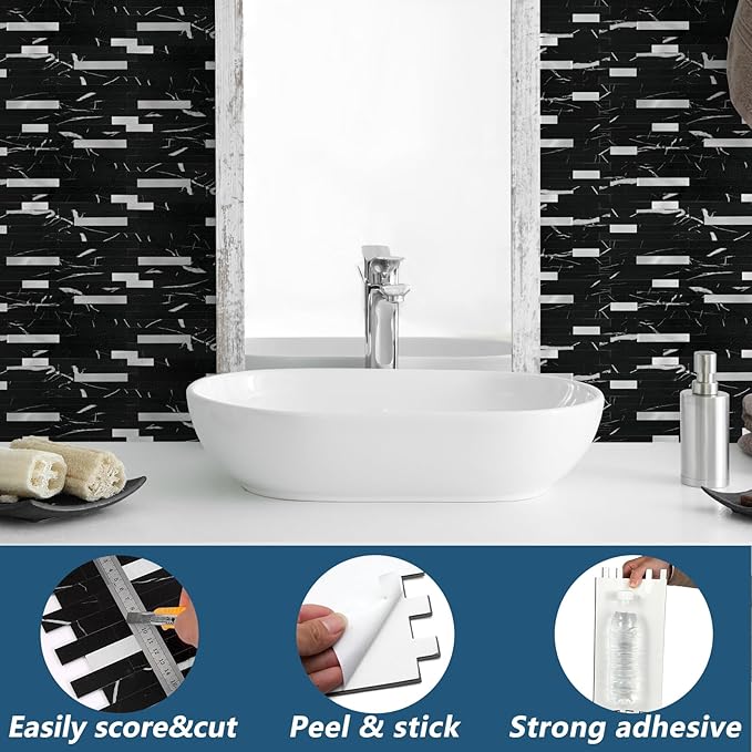 Yipscazo 2 Sheets Peel and Stick Stone Metal Backsplash Tiles, PVC Wall Tiles Stick on Backsplash for Kitchen, Bathroom (6'' X 12'', Black Rock)