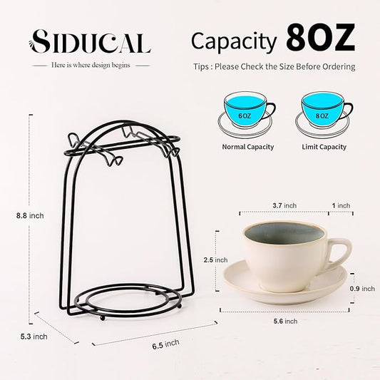 SIDUCAL Stackable Cappuccino Cup Set of 4 [8oz] Ceramic Coffee Cups with Saucers and Cup Holder,Microwave/Dishwasher Safe,Espresso Demitasse Cups(Green)