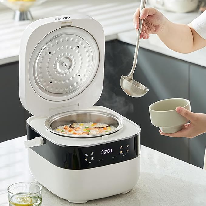 Akureo 3L Smart Rice Cooker, 6-Cup Uncooked, Fuzzy Logic, Stainless steel spherical inner pot with non-stick ceramic glaze coating, Keep Warm, Cream White