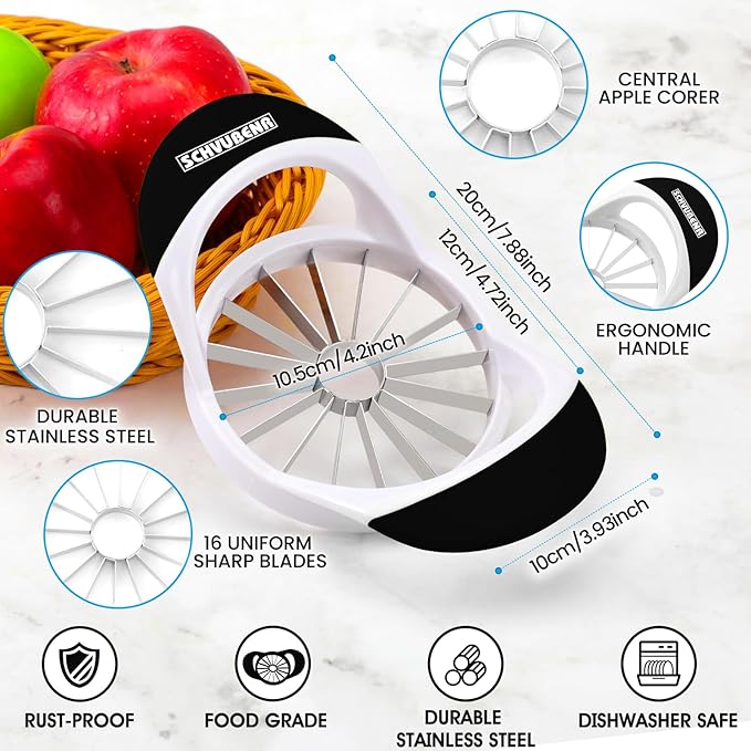 SCHVUBENR Apple Slicer and Corer - 4.72 Inch Stainless Steel Apple Cutter with 16 Sharp Blades - Professional Apple Divider Tool for Quick Slices - Easy to Use & Clean - Slice Fruits with Ease - Black