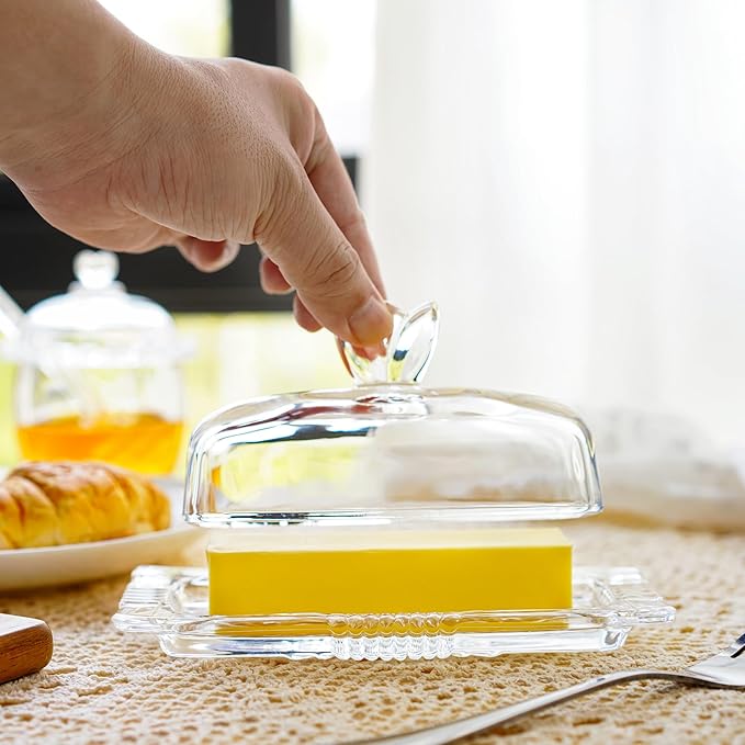 7'' Glass Butter Dish with Lid - Elegant Countertop Butter Container Holds,Clear Butter Keeper for Home Kitchen Decor,Dishwasher Safe