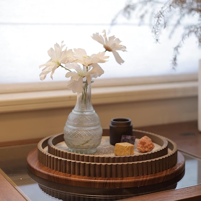 EspoirLuvRound Decorative Tray Set of 2 – Wooden Coffee Table Trays, Rustic Boho Decor Accents for Ottoman, Living Room, and Entryway