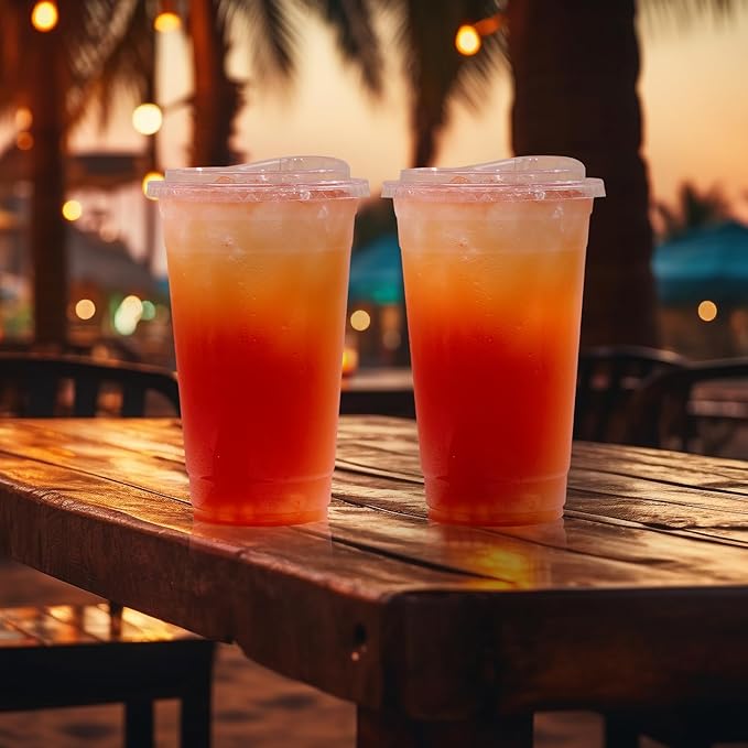 Turbo Bee 24 OZ 200 Sets Clear Plastic Cups with Strawless Sip Lids, To Go Crystal Clear Disposable Plastic Cups with Lids for Iced Coffee, Smoothies, Soda, Lemonade, Cold Beverage