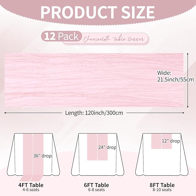 12 Pack Light Pink Cheesecloth Table Runner 10Ft, Gauze Table Runners 21.5 x 120 inch,Semi Sheer Cheese Cloth Fabric Runner Bulk for Wedding,Party,Baby Shower,Bridal Shower
