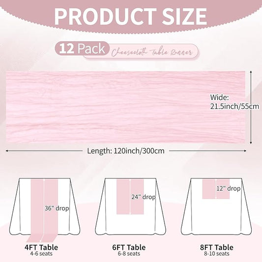 12 Pack Light Pink Cheesecloth Table Runner 10Ft, Gauze Table Runners 21.5 x 120 inch,Semi Sheer Cheese Cloth Fabric Runner Bulk for Wedding,Party,Baby Shower,Bridal Shower