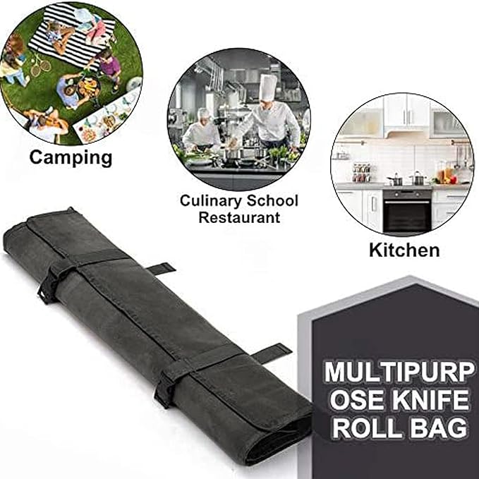 Chef’s Knife Roll Bag,Waxed Canvas Knife Cultery Carrier, Portable Chef Knife Cases,Knife Pouch Holders With 10 Slots Plus 1 Zipper Pockets Can Hold Home Kitchen Knife Tools Up To 18.8”