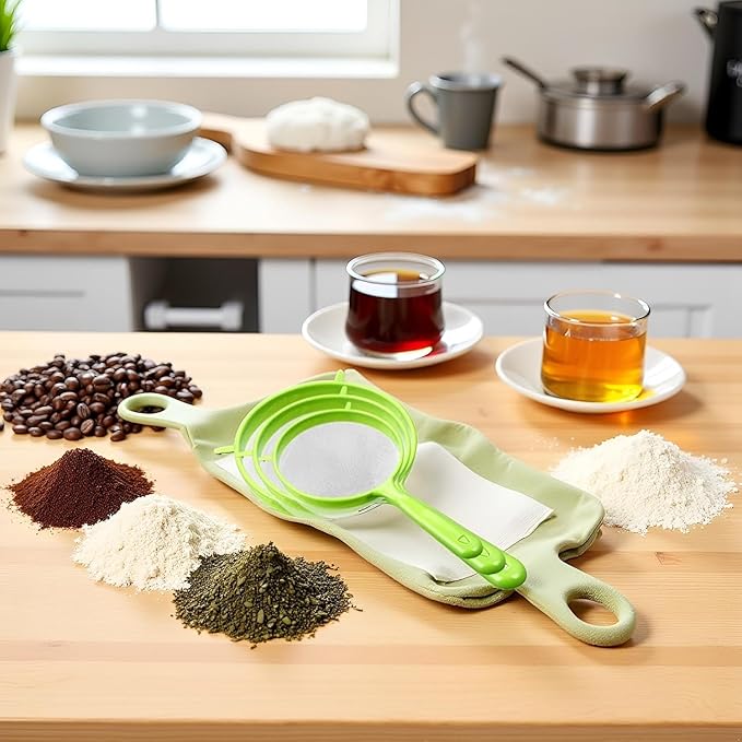 3 Pcs Green Flour Sifter with Long Handle, Flour Sifter with Long Handle, Hangable Flour Colander Powder Filter, Food Strainers Gadgets, Fine Mesh Colander Coffee Filter Tea Strainer
