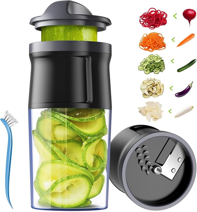 3 in 1 Vegetable Spiralizer Slicer, Adjustable Thickness 0-3mm, Zucchini Spiralizer Veggie Noodle Maker for Cucumber/Zoodle/Salad/Spaghetti/Pasta with Food Container, Cleaning Brush, Black
