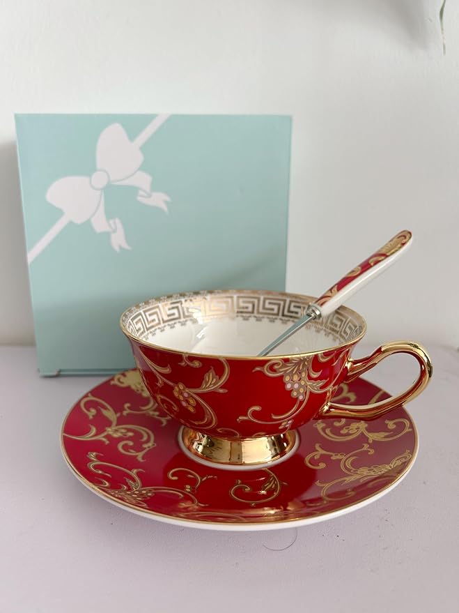 YBK Tech Euro Style Bone China Cup& Saucer Set, Ceramic Tea Coffee Cup for Home Kitchen Wedding (Retro Flower Pattern- Red)