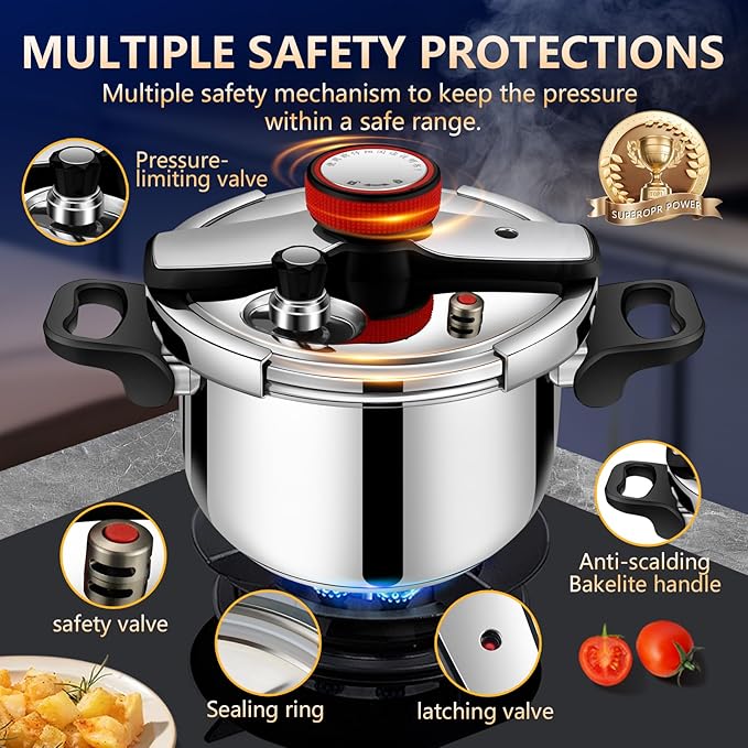 Stainless Steel Pressure Cooker 8 quart Commercial Stove Top Pressure Cooker for canning, pressure cooker 8+ quart, Compatible with Gas & Induction, Fast Cooking for large Meals, Dishwasher Safe,