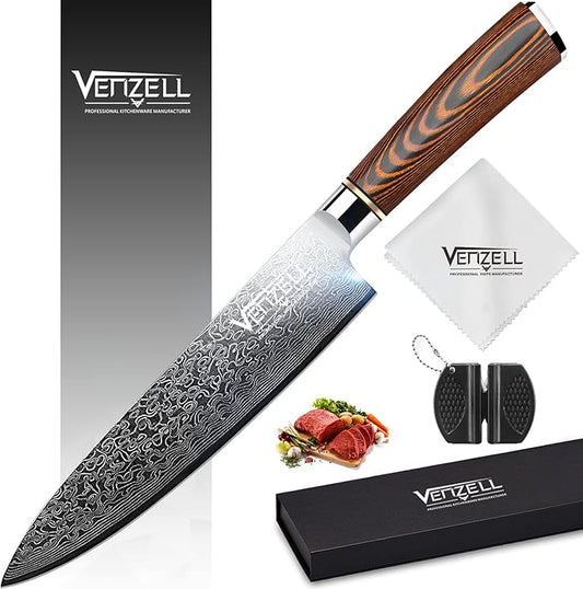 VENZELL Handmade 8 inch Chef Knife, 67-layer Damascus Stainless Steel Knife, HRC60±2 Professional Chopping Knife with Ergonomic PAKKA Wood Handle