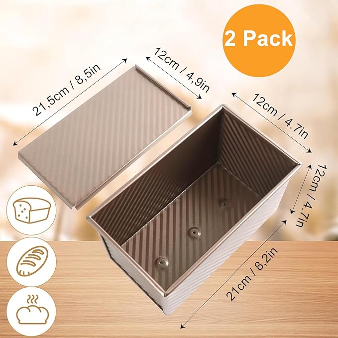 Hikaproligt Pullman Loaf Pan with Lid 2 Pack, 8x4 Inch 1LB Nonstick Carbon Steel Bread Pans, Gold Corrugated Sandwich Bread Baking Pan for Toast, Sourdough, Homemade Bread