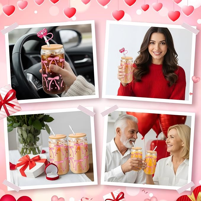 Skylety 4 Pcs Color Changing Glass Cups, 16 oz Cute Coquette Pink Bow Iced Coffee Tumblers with Lids and Straws Reusable Drinking Glasses Jars Cute Gifts for Girls