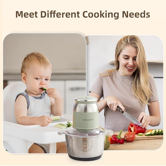COOKZHOM Green Food Processor,500W Electric Meat Grinder with 8 Cup Stainless Steel Bowl and 4 Sharp Blades, Food Chopper & Vegetable Chopper for home use,Meat Processor, Vegetables, Fruits and Nuts