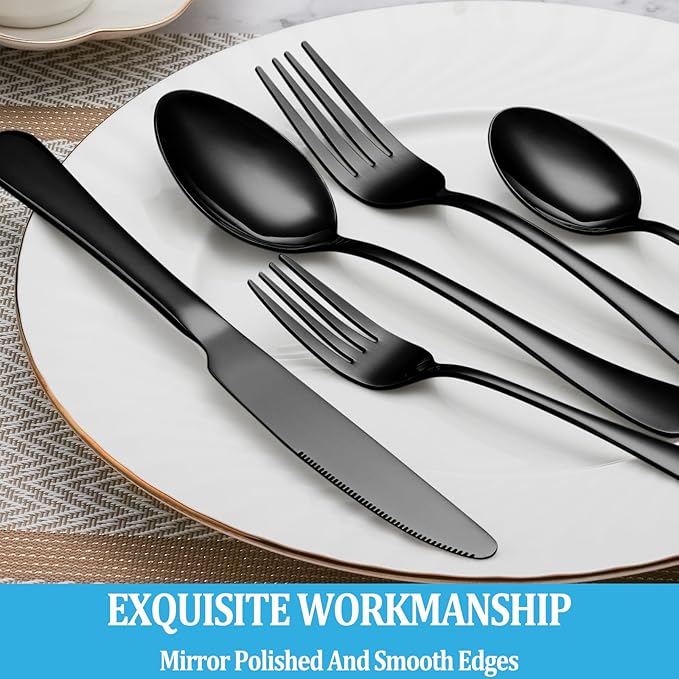 16 Piece Black Dinner Forks Set, Food-Grade Stainless Steel Silverware Forks, Cutlery Fork, Metal Fork for Home, Kitchen or Restaurant, Mirror Polished, Dishwasher Safe - 8 Inch