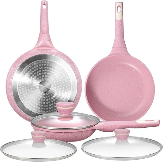 6-Piece Nonstick Frying Pan Set with Lids(8,10,11 Inch) Omelette & Egg Pan - 100% PFOA/PFAS Free Non-Toxic Advanced Nonstick for Effortless Cooking & Oil Saving, Universal Induction Base All Stovetops