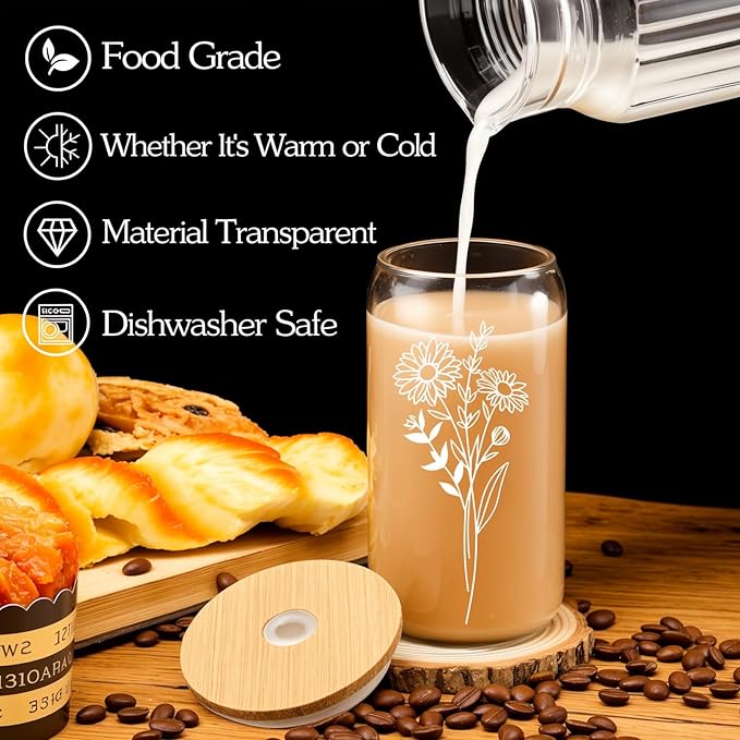 6 Pcs 16 Oz Gift for Women Cute Glass Cup, Can Shaped Drinking Glasses with Bamboo Lids and Glass Straws with Design, Aesthetic Flower Iced Coffee Mugs Tumbler Bulk for Party Bridesmaid Proposal Gifts