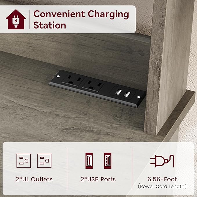 GAOMON Farmhouse Bakers Rack with Storage Cabinet and Charging Station, Kitchen Hutch with Thickened Tabletop, Power Outlets & USB Ports, Pantry Organizer Shelf for Kitchen and Dining Room, Gray