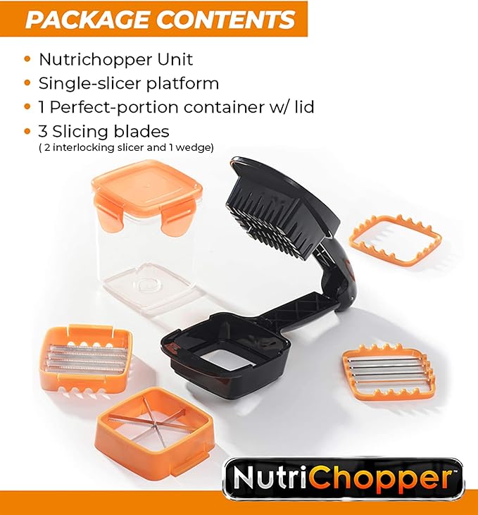 Nutrichopper Deluxe with 30% Larger Fresh-keeping Storage Containers - Vegetable Slicer that Chops, Cubes and Wedges, Multi-purpose Food Chopper with Stainless Steel Blades, As Seen On TV Set of 2