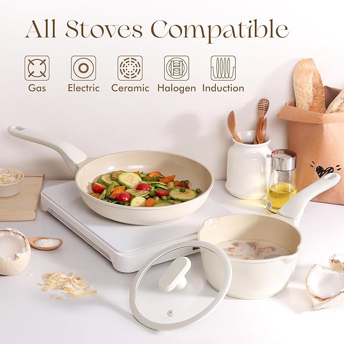 PRICUSIS 8Pcs Ceramic Nonstick Frying Pan Set with Lid, 8+10+12 Inch Induction Compatible Skillet with Stay Cool Handle, Fully Coated, 100% Dishwasher Safe, PFAS & PTFE & PFOA Free (Coconut White)