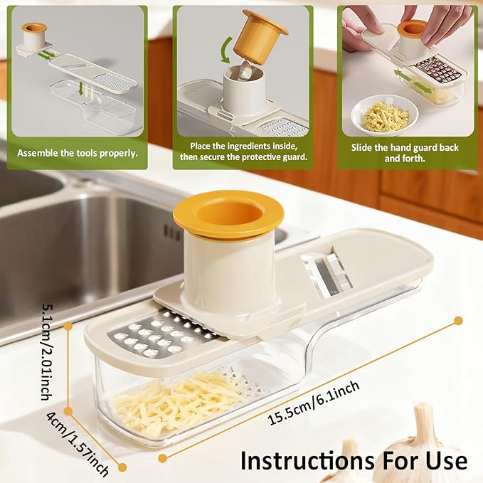 Mini Multifunctional Garlic Grinder, 3-in-1 Garlic Slicer Veggie Shredder with Container, Durable Stainless Steel Blades, Easy to Use and Clean for Kitchen (Green)