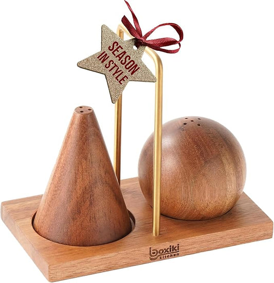 Acacia Wood Salt and Pepper Shaker Set – 2-Piece with Storage Base and Titanium Handle – Elegant Wooden Spice Holder for Kitchen and Dining Table