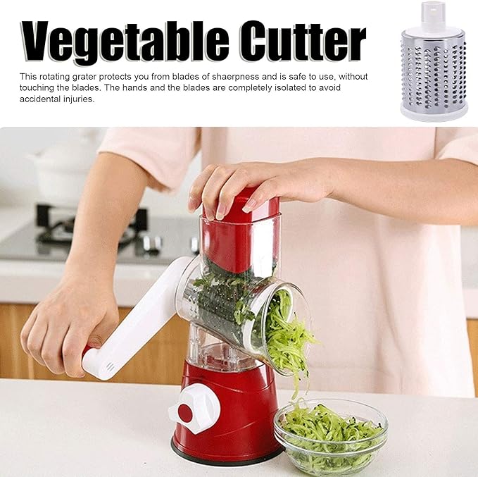 3-In-1 Rotary Cheese Grater Shredder Mandoline Slicer Vegetable Chopper with 3 Interchanging Stainless Steel Drums Blades(Red)