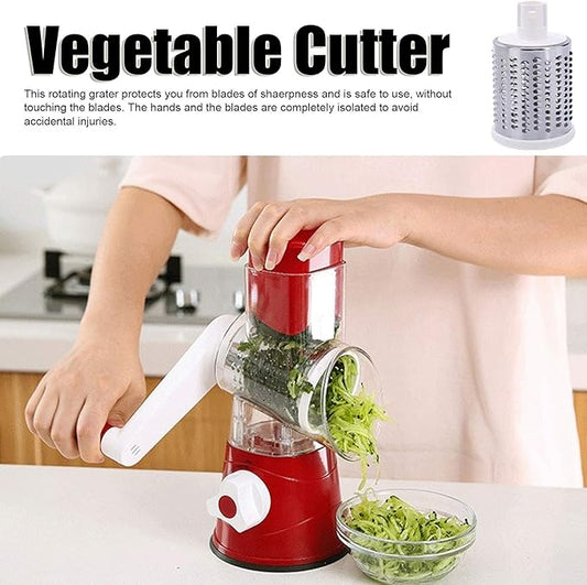 3-In-1 Rotary Cheese Grater Shredder Mandoline Slicer Vegetable Chopper with 3 Interchanging Stainless Steel Drums Blades(Red)