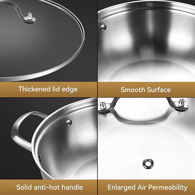 LOLYKITCH 5 QT Tri-Ply Stainless Steel Sauté Pan with Lid,12 Inch Deep Frying pan,Large Skillet,Jumbo Cooker,Induction Pot,Dishwasher and Oven Safe.