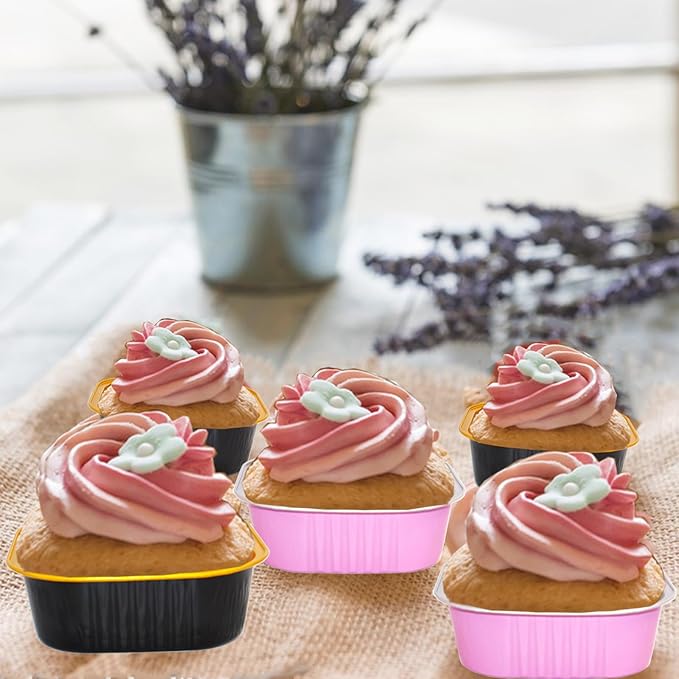 BZIDII 5oz Mini Cake Pans With Lids 50 Pack Aluminum Foil Square Brownie Baking Cups,Disposable Loaf Pans With Lids and Spoons Ribbon,Cupcake Pans Muffin Cake Tins Cake Container(Black)