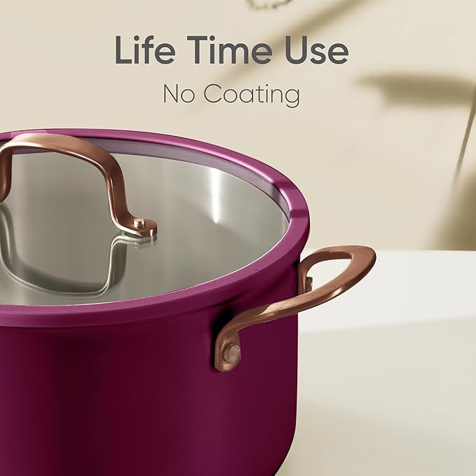 CAROTE 8QT Full Clad Tri Ply Stainless Steel Stock Pot with Lid, Kitchen Stockpot Soup Pot, Outer Ceramic Layer, Even Heating, All Stoves Compatible, Oven & Dishwasher Safe, Stay Cool Handle, Purple