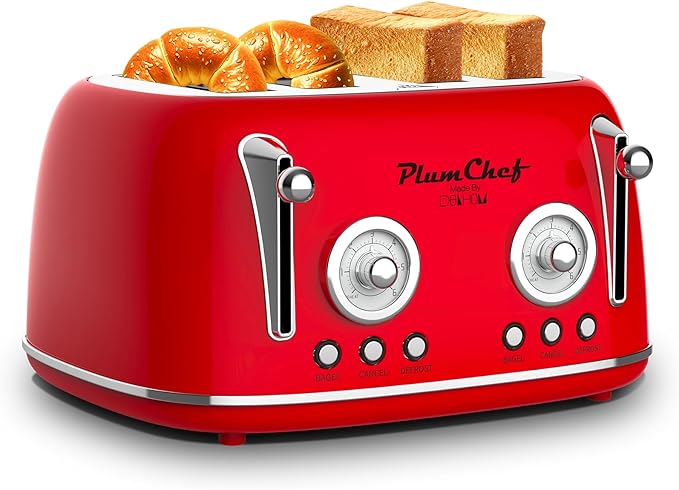 4 Slice Retro Style Toaster, Dual Control Toaster, 6 Browning Settings, Bagel/Defrost Functions, Removable Crumb Tray, Stainless Steel Housing 1650W, Red