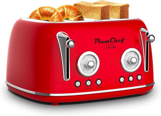 4 Slice Retro Style Toaster, Dual Control Toaster, 6 Browning Settings, Bagel/Defrost Functions, Removable Crumb Tray, Stainless Steel Housing 1650W, Red