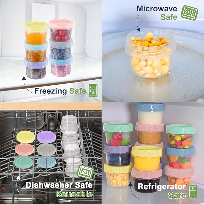 24 Piece 2 oz Plastic Food Storage Containers with Lids, Reusable Freezer Storage Containers, Small Meal Prep Containers with Pen and Brush, BPA-Free, Screw Top, Microwave & Dishwasher Safe