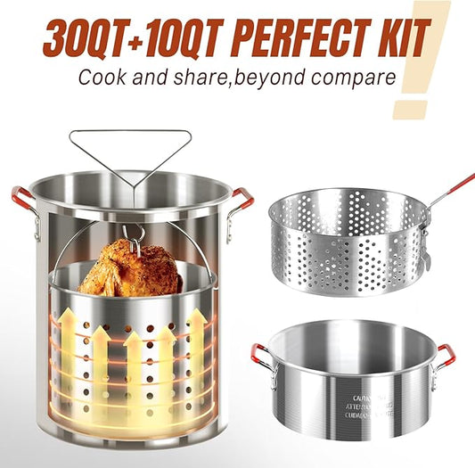 Hidpriva 30QT Turkey Fryer & 10QT Fish Fryer Kit, Waterproof Cover & 12-inch Skimmer, 55,000BTU Propane Burner Stove, Aluminum Turkey Fryer Pot, Outdoor Deep Fryer, Crawfish Boiler with Basket