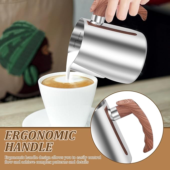 Milk Frothing Pitcher, 20oz/600ml Stainless Steel Milk Frother Cup Measurement, Barista Espresso Steaming Jug with Coffee Art Pen and Ergonomic Handle for Cappuccino Latte Art(silver,600ml)