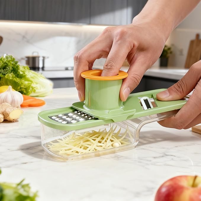 Mini Multifunctional Garlic Grinder, 3-in-1 Garlic Slicer Veggie Shredder with Container, Durable Stainless Steel Blades, Easy to Use and Clean for Kitchen (White)