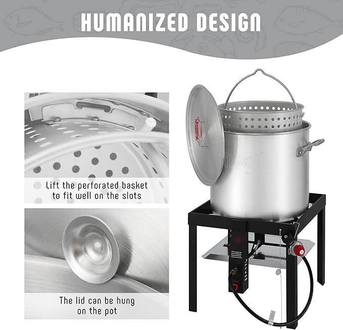 Feasto 80 QT Seafood Boil Pot with Basket and Burner, Aluminum Seafood Boil Pot and Burner Kit with 100,000 BTUs Output and 10 PSI Regulator for Cooking Crawfish, Shrimp, Crab, CSA Certified