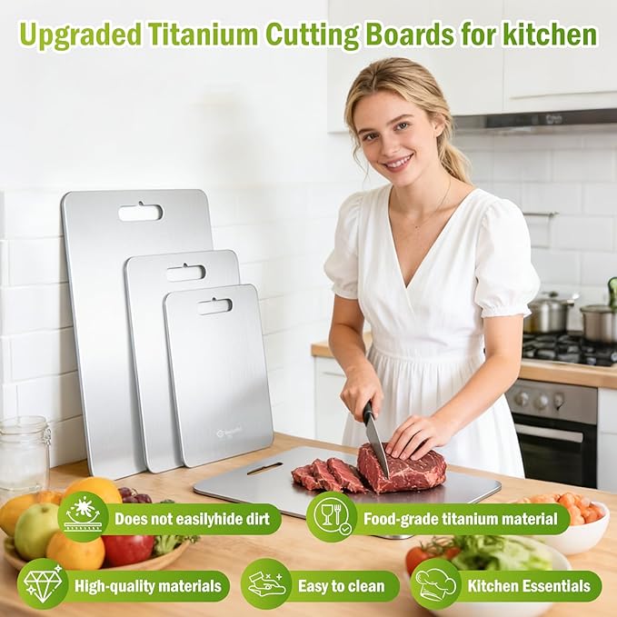 Titanium Cutting Boards Set of 3, 100% Pure Titanium Cutting Boards for Kitchen, Dishwasher Safe & Hygienic Chopping Boards for Separating Raw Meat, Fruits and Vegetables, Odor free & Knife Friendly