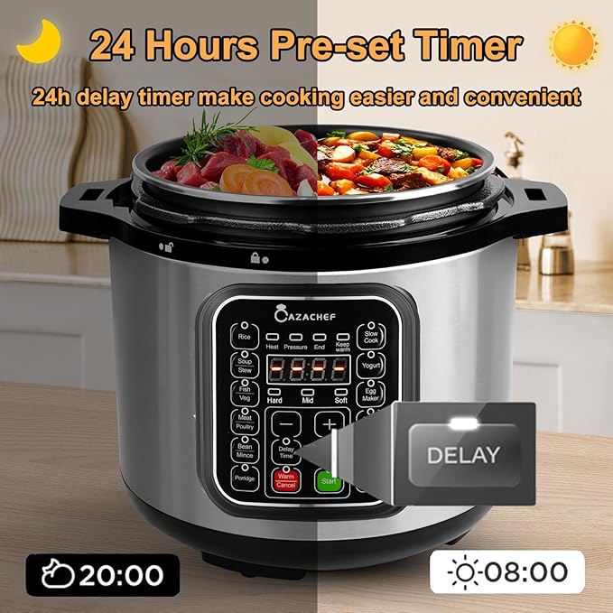 CAZACHEF 8qt stainless steel Pressure Cooker | 24-hour Presetting electric rice cooker, 14 in 1 slow cooker with temperature control | LED Multifunction Steamer, Food Warmer with nonstick pot