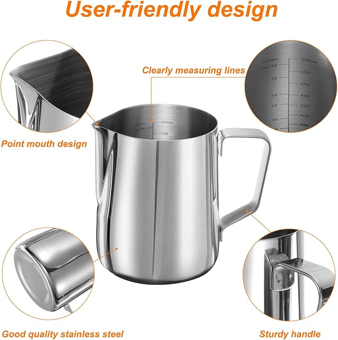 uxcell Milk Frothing Pitcher, 21oz / 600ml Stainless Steel Milk Frother Cup with Scale for Milk Steaming Pitcher Latte Art Cappuccino Coffee Espresso Accessories Tool, Silver Tone