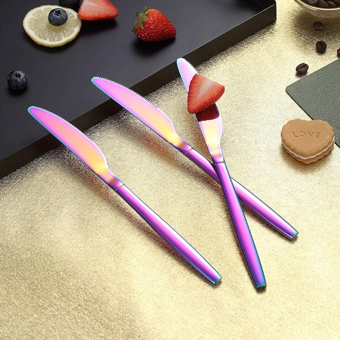 Rainbow Dinner Knives 4 Pieces, Homquen Sturdy 9" Stainless Steel Modern Design Knife, Colorful Titanium Plating Knifes Set With Round Edge Dishwasher Safe