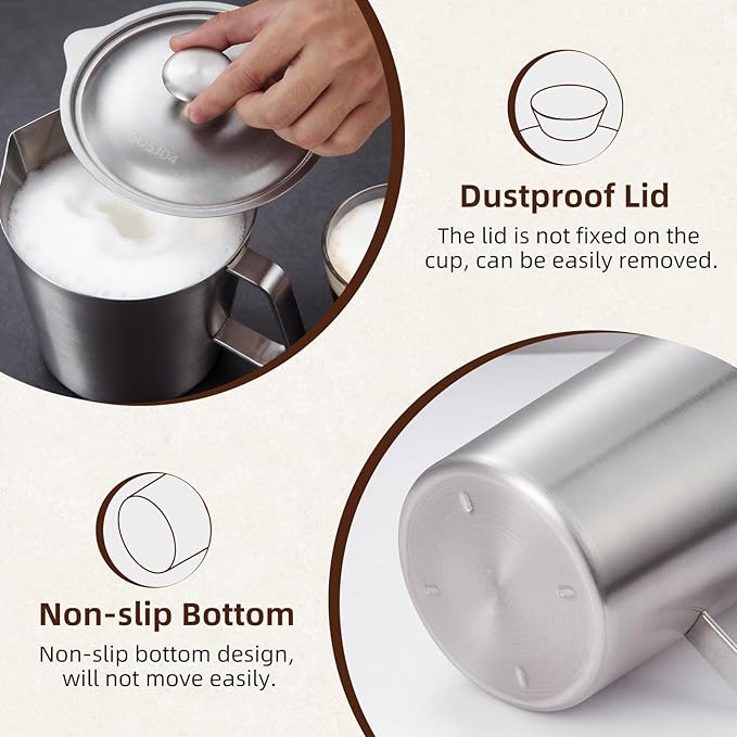 Stainless Steel Water Pitcher with Lid, 2L Stainless Steel Pitcher 8 Cup Metal Measuring Cup with Handle, Large 70 oz Milk Frothing Pitchers for Coffee, Iced Tea, Hot & Cold Water