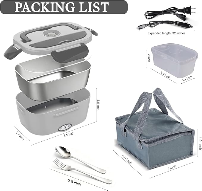 Electric Lunch Box Food Heater - 80W Fast Heating, 1.5L Heated Lunch Box Leak-Proof 304 Stainless Steel Portable Food Warmer, (12V/24V Car/Truck & 110V Home), Ideal for Work/Travel（White-grey）