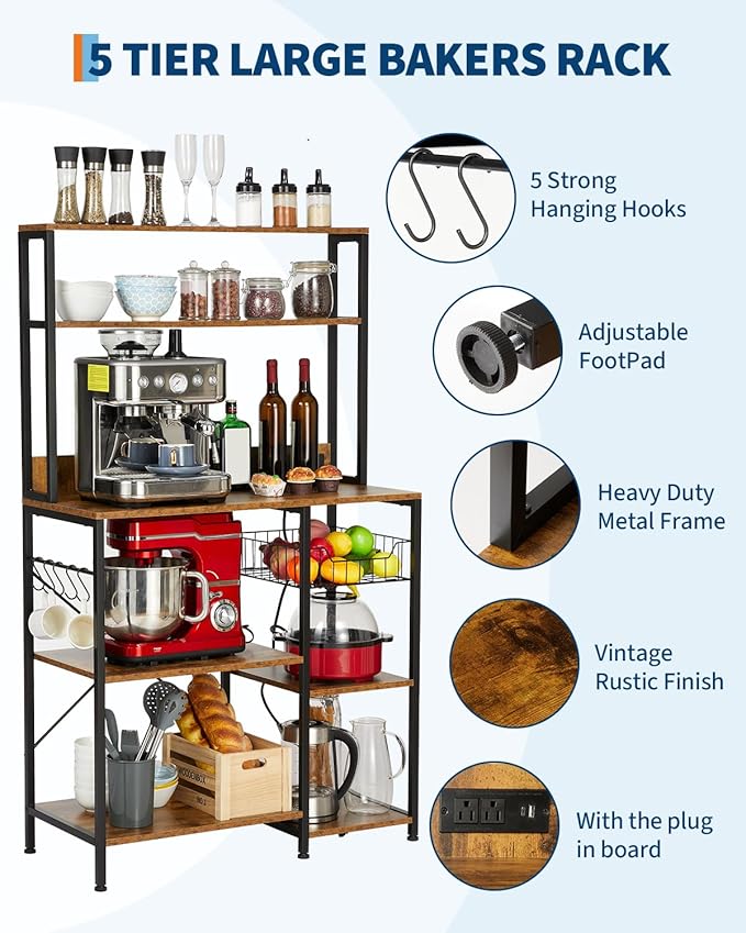 Garvee Kitchen Bakers Rack with Power Outlet, 35 * 60inch Microwave Oven Stand with Storage 4 Tiers, Coffee Bar Table with 5 S Hooks, Kitchen Storage Shelf Rack for Spices, Pots, Rustic Brown