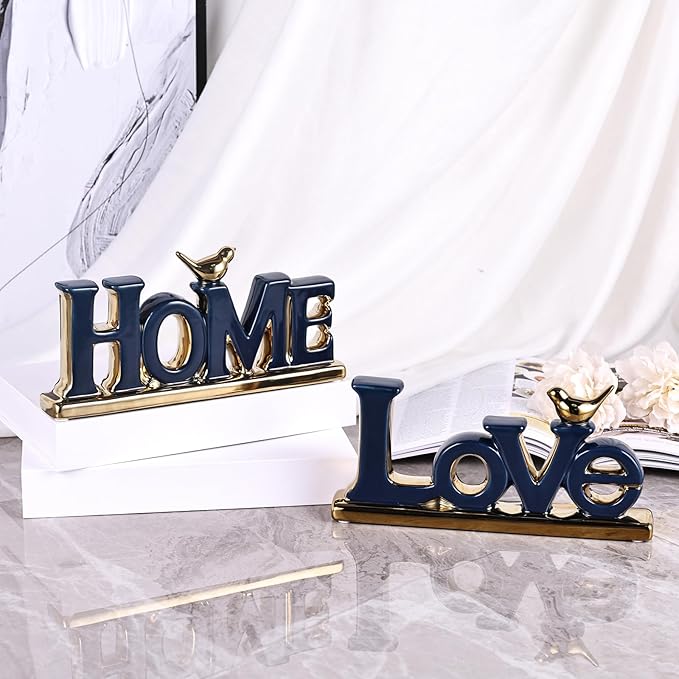 Love Sign Decor,Blue and Gold Room Decor Aesthetic, Knick Knack Shelf,Gold Bird Decor, Boho Bookshelf,Abstract Gold Statue,for Living Room,Bedroom, Contemporary Tv Stand Set of 2 (2, Blue)