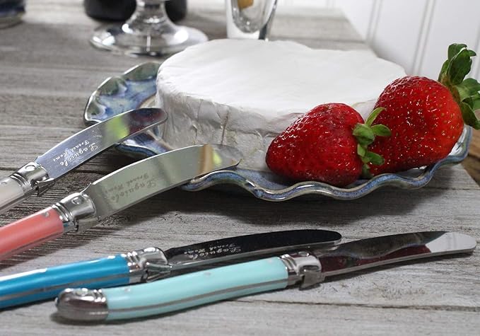 French Home Laguiole 7-Piece Cheese Knife Set - Includes Stainless Steel Spade, Spear Knife, Soft Cheese Knife & 4 Spreaders with Three-Rivet Curved Coral & Turquoise Handle and Bee Emblem