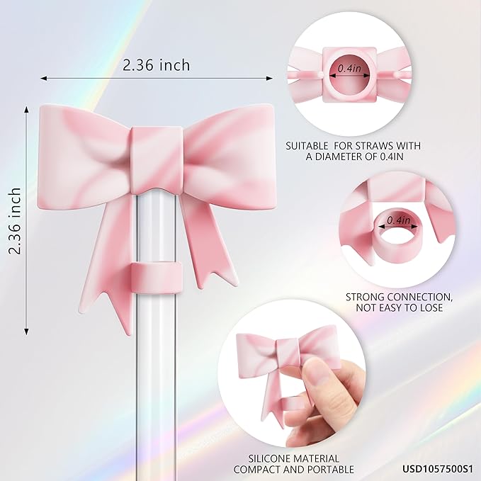 Compatible with Stanley Cup Accessories - 3Pcs 10mm Bow Straw Topper Compatible with Stanley Cup Straw Cover Cap, 2pcs Pink White Bow Charms for 30&40 Oz Tumbler with Handle