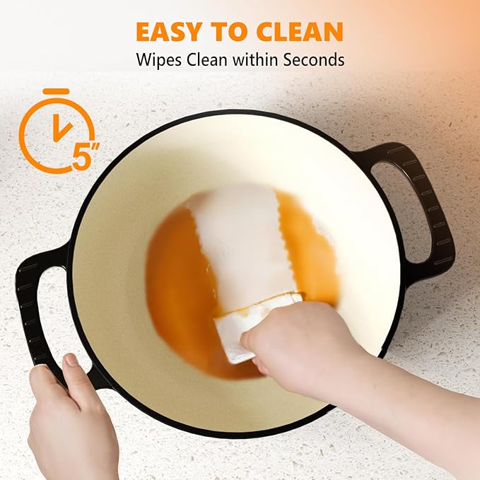 ROVSUN Enameled Cast Iron Round Dutch Oven, 7.5QT Pot with Lid &Dual Handles with Silicone Gloves,Oven Safe up to 500°F, Heavy-Duty Pre-Seasoned Cookware for Bread Baking, Braising, Stews, Roasting,Black